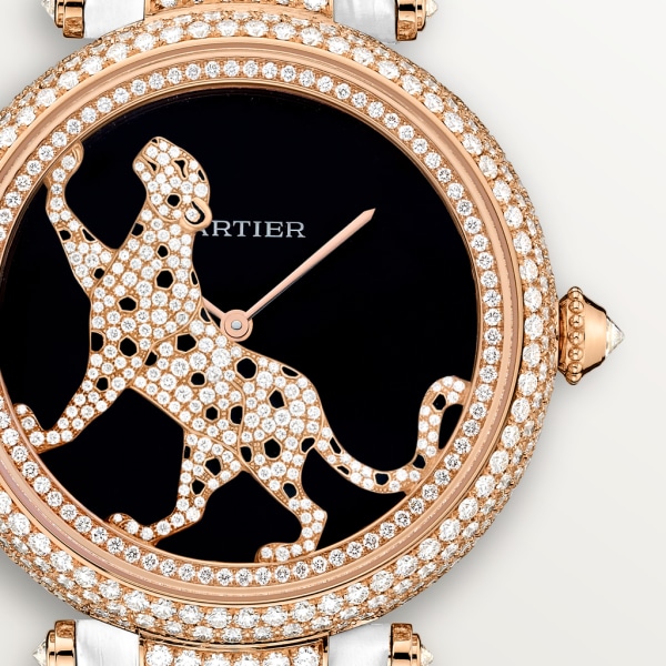 Uhr Joaillère Panthère 42 mm, Automatikwerk, Roségold, Diamanten, Leder
