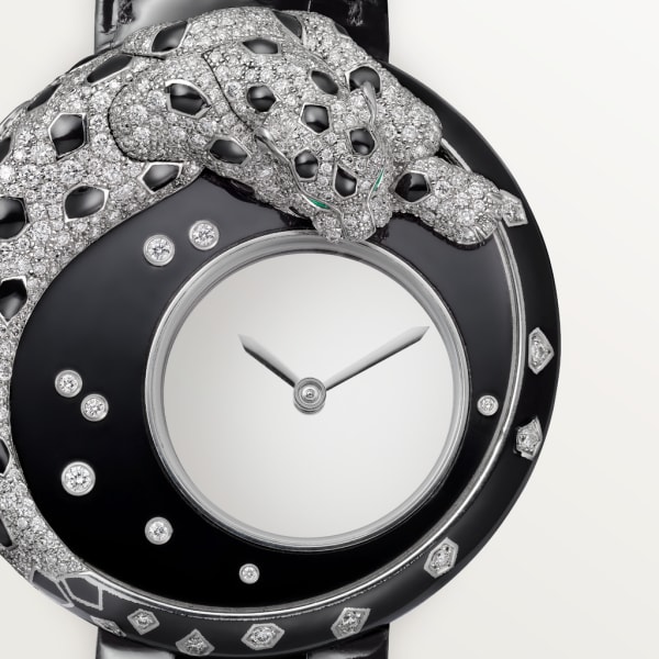 Panthère Jewellery Watches 40mm, hand-wound mechanical movement, white gold, lacquer, diamonds, leather