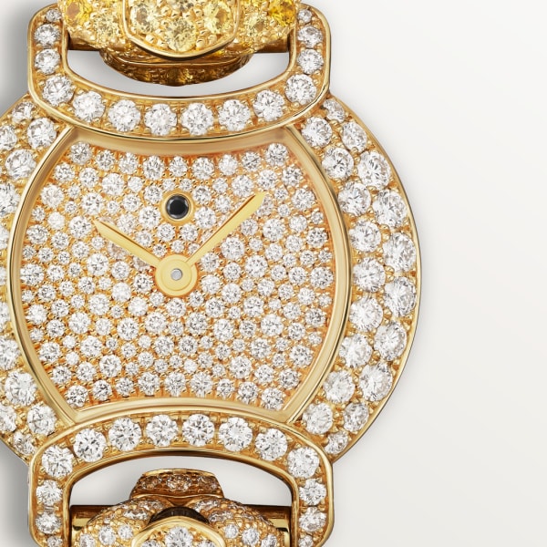 Reloj Indomptables de Cartier 22,2 mm, movimiento de cuarzo, oro amarillo, diamantes, zafiros, esmeraldas, espesartinas, ónix, brazalete de metal