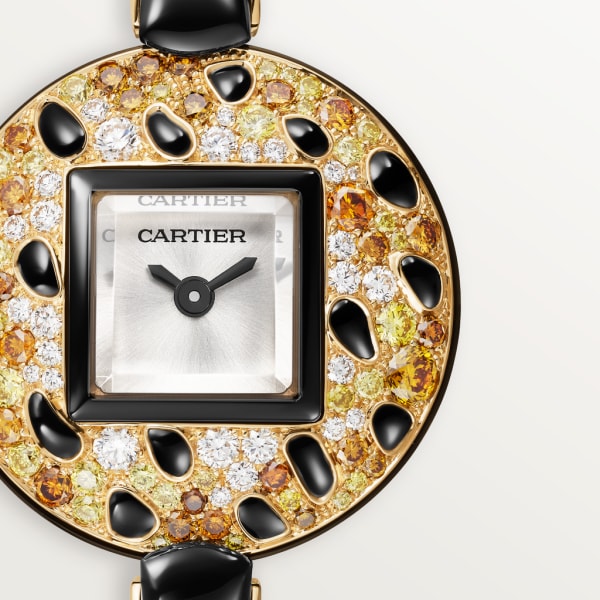 Reloj Joaillère Panthère 21,66 mm, movimiento de cuarzo, oro amarillo, oro rosa, diamantes, ónix
