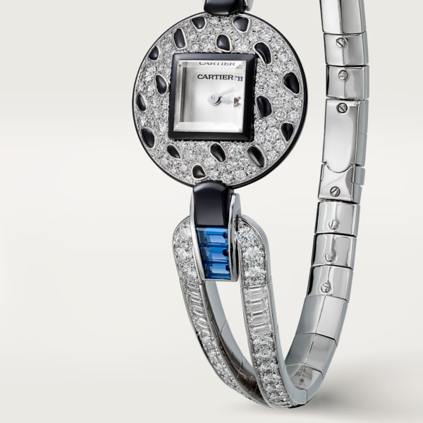 Panthère Jewellery Watches 21.66 mm, quartz movement, white gold, diamonds, sapphires, onyx