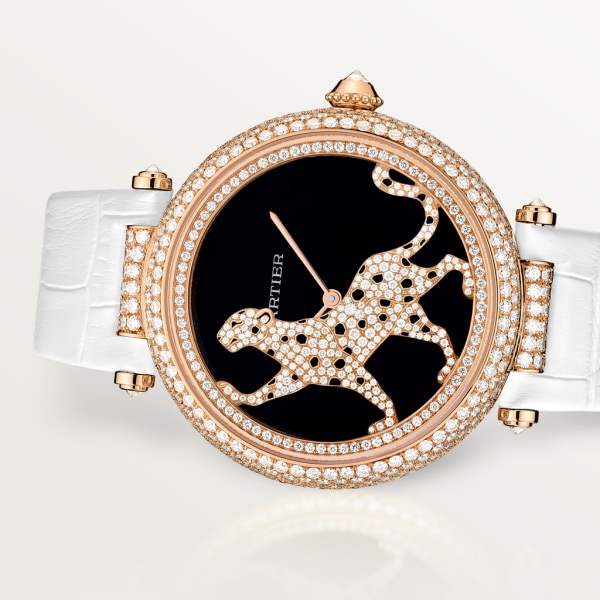 Uhr Joaillère Panthère 42 mm, Automatikwerk, Roségold, Diamanten, Leder