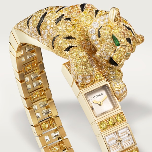 Reloj Joaillère Panthère 26,98 mm x 8 mm, movimiento manual, oro amarillo, diamantes, esmeraldas, ónix