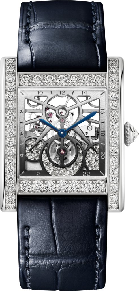Tank Normale watchLarge model, hand-wound mechanical skeleton movement, platinum, diamonds, leather