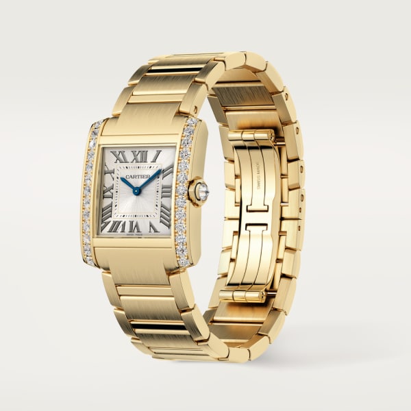 Reloj Tank Française Tamaño mediano, movimiento de cuarzo, oro amarillo, diamantes