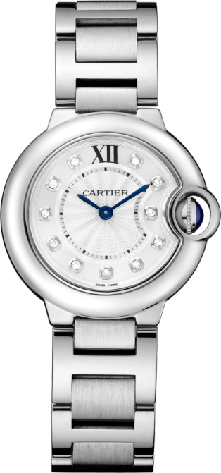 Ballon Bleu de Cartier watch 28 mm, quartz movement, steel, diamonds