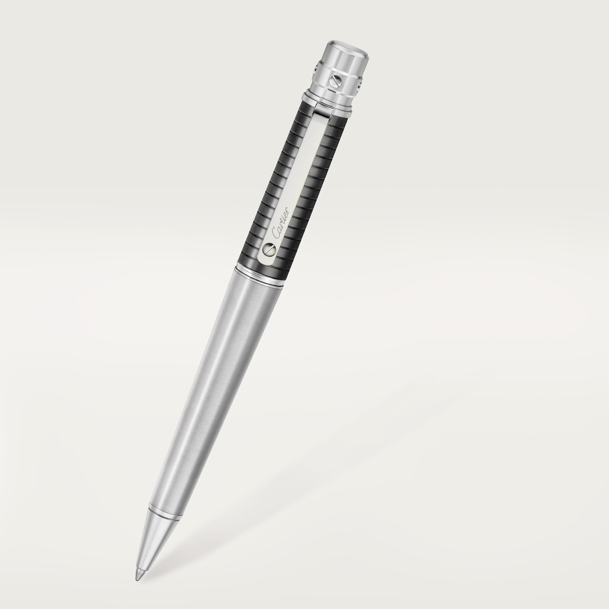 Santos de Cartier ballpoint penLarge model, brushed and engraved striated metal covered with anthracite grey PVD, palladium finish