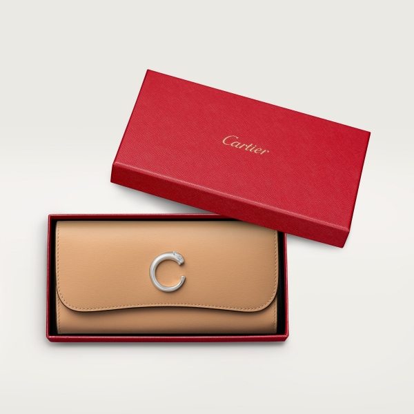 International wallet with flap, Panthère de Cartier Camel beige calfskin, palladium finish