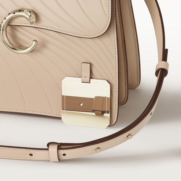 Small model handle bag, Panthère de Cartier Light beige calfskin, embossed Cartier signature motif, golden finish