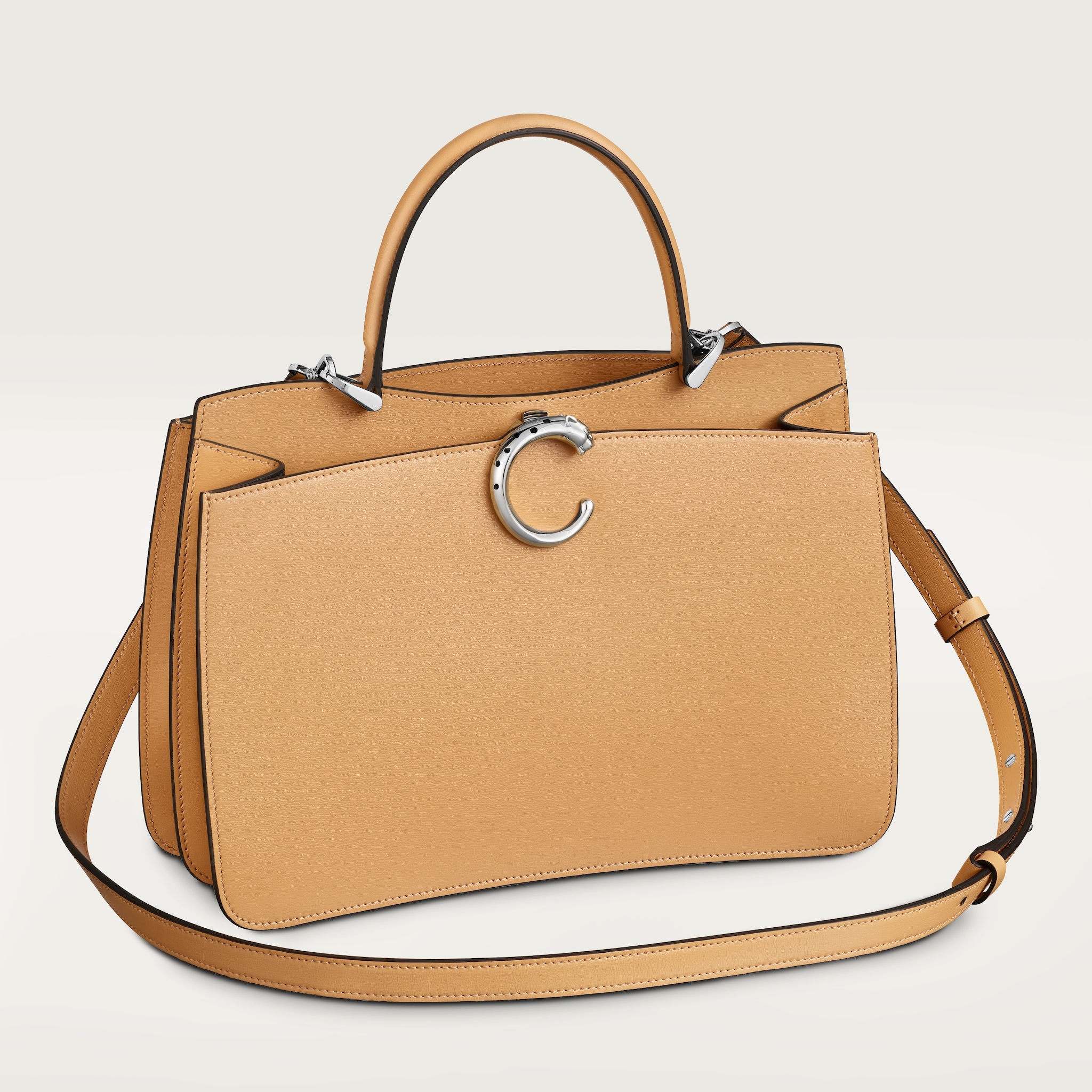 Handle bag mini model, Panthère de CartierCamel beige calfskin, palladium finish