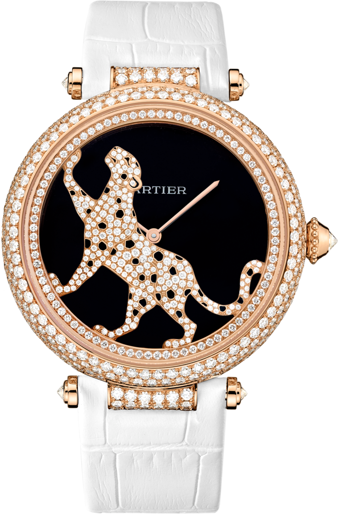 Uhr Joaillère Panthère42 mm, Automatikwerk, Roségold, Diamanten, Leder