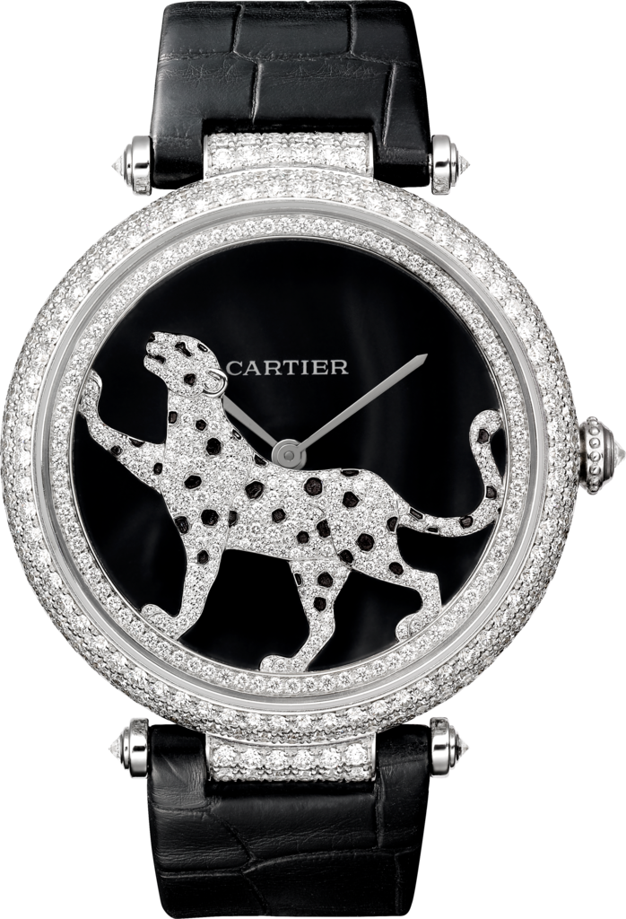 Reloj Joaillère Panthère42 mm, movimiento automático, oro blanco, diamantes, piel