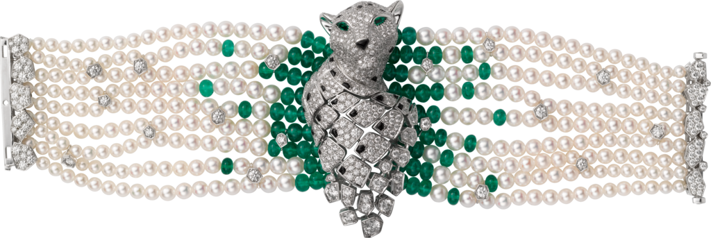 Panthère de Cartier High Jewellery braceletPlatinum, emeralds, cultured pearls, diamonds