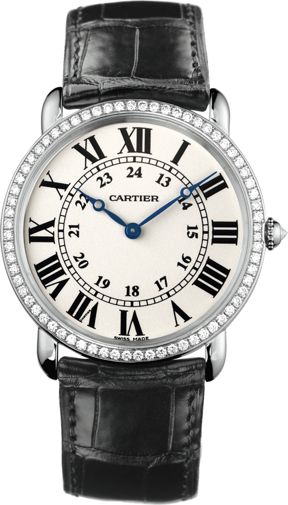 Ronde Louis Cartier watch36mm, hand-wound mechanical movement, white gold, diamonds, leather