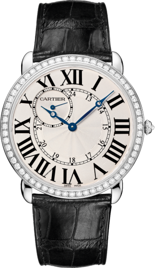 Reloj Ronde Louis Cartier 42 mm, movimiento mecánico de cuerda manual, oro blanco, diamantes, piel