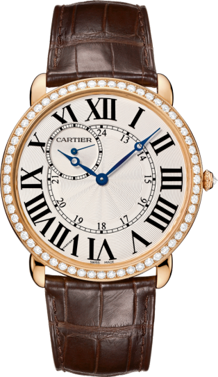 Ronde Louis Cartier watch 42mm, hand-wound mechanical movement, rose gold, diamonds, leather