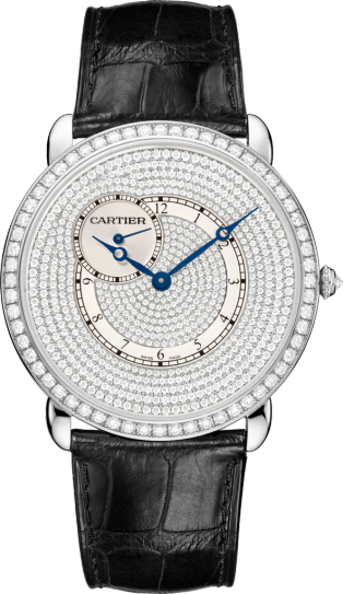 Ronde Louis Cartier watch 42mm, hand-wound mechanical movement, white gold, diamonds, leather