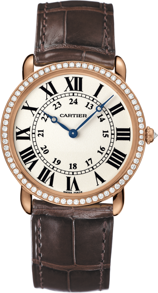Ronde Louis Cartier watch36mm, hand-wound mechanical movement, rose gold, diamonds, leather