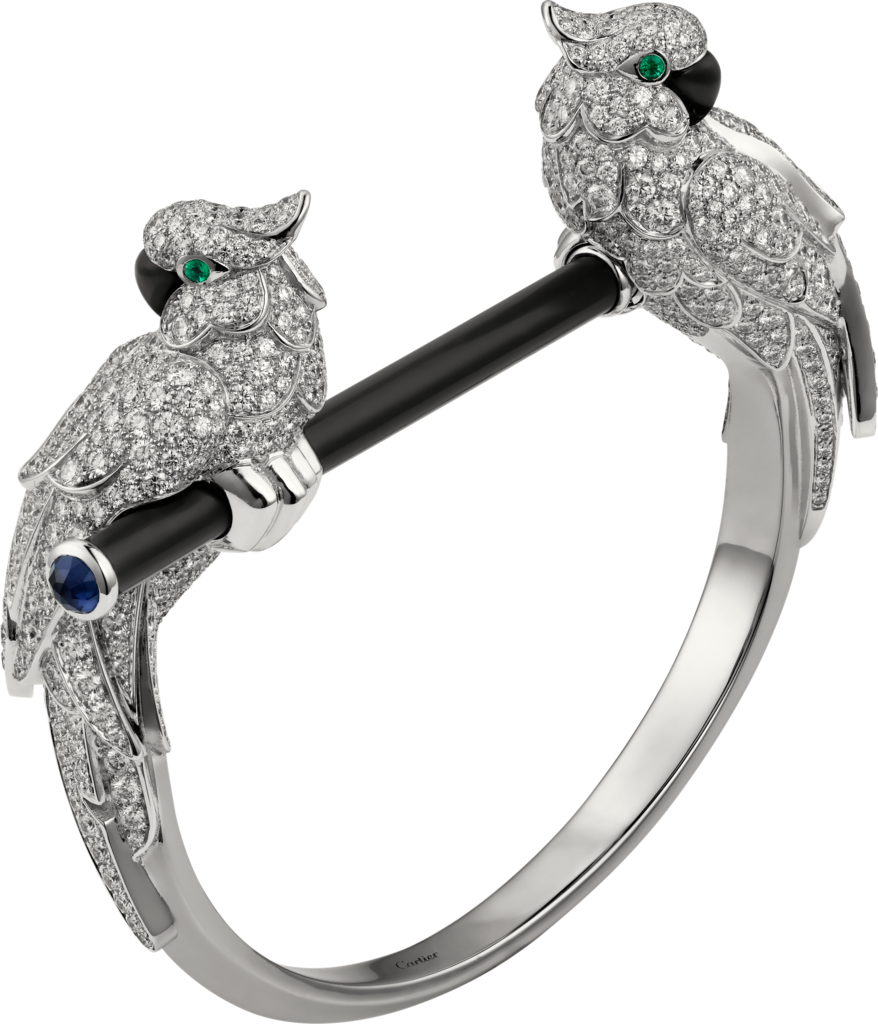 Les Oiseaux Libérés braceletWhite gold, emeralds, sapphires, onyx, black ceramic, diamonds