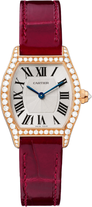 Reloj Tortue Tamaño pequeño, movimiento mecánico de cuerda manual, oro rosa, diamantes, piel