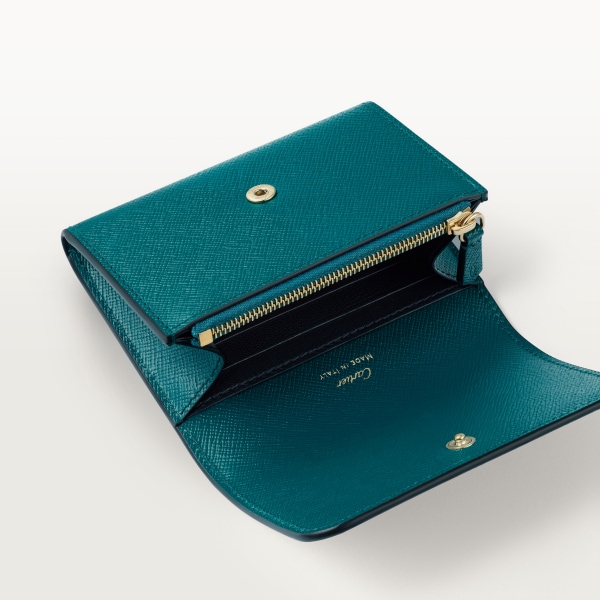 Business card holder with zip, C de Cartier Petrol blue textured calfskin, golden finish and petrol blue enamel