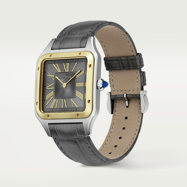 Reloj Santos-Dumont Tamaño grande, movimiento de cuarzo, oro amarillo, acero, piel
