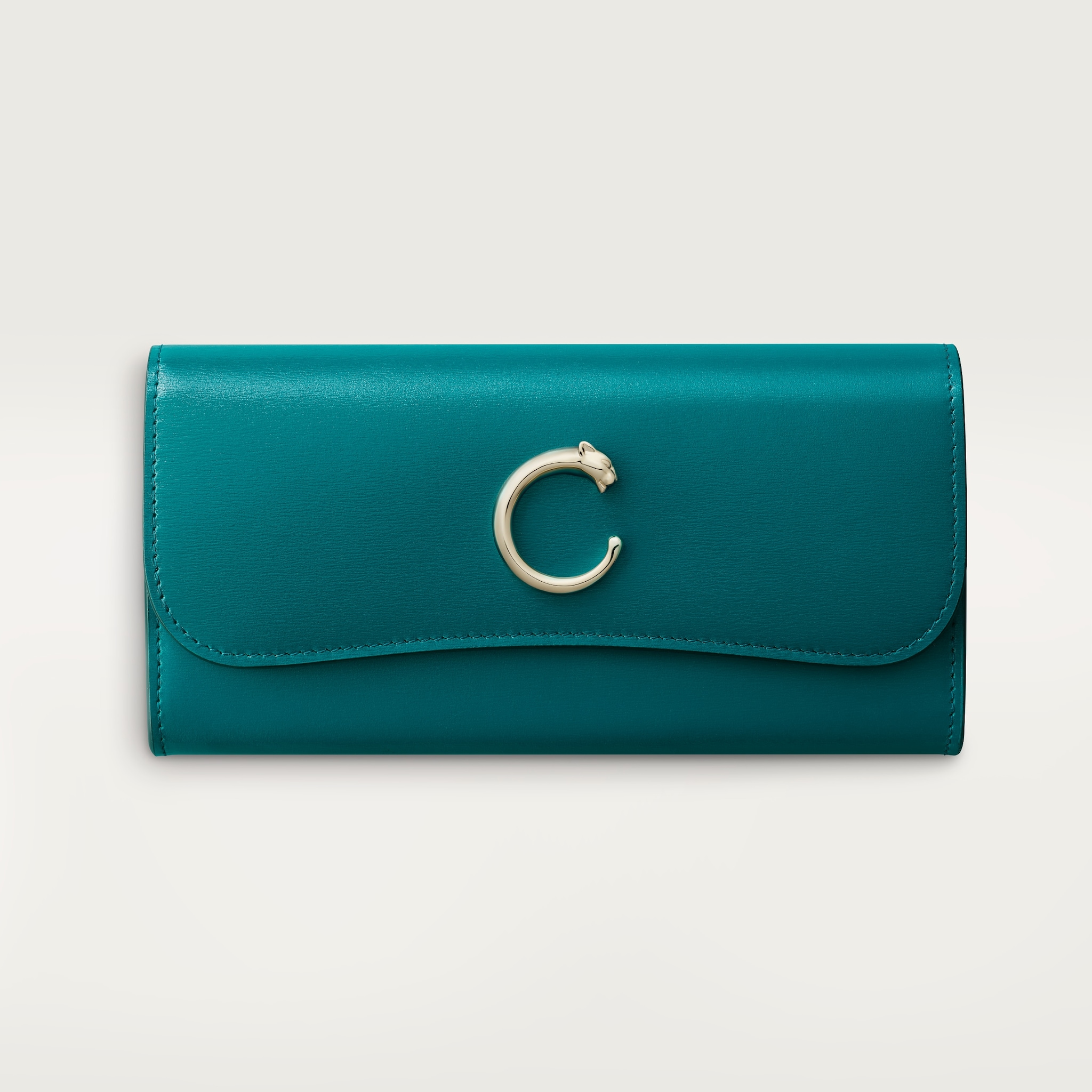 International wallet with flap, Panthère de CartierPetrol blue calfskin, golden finish