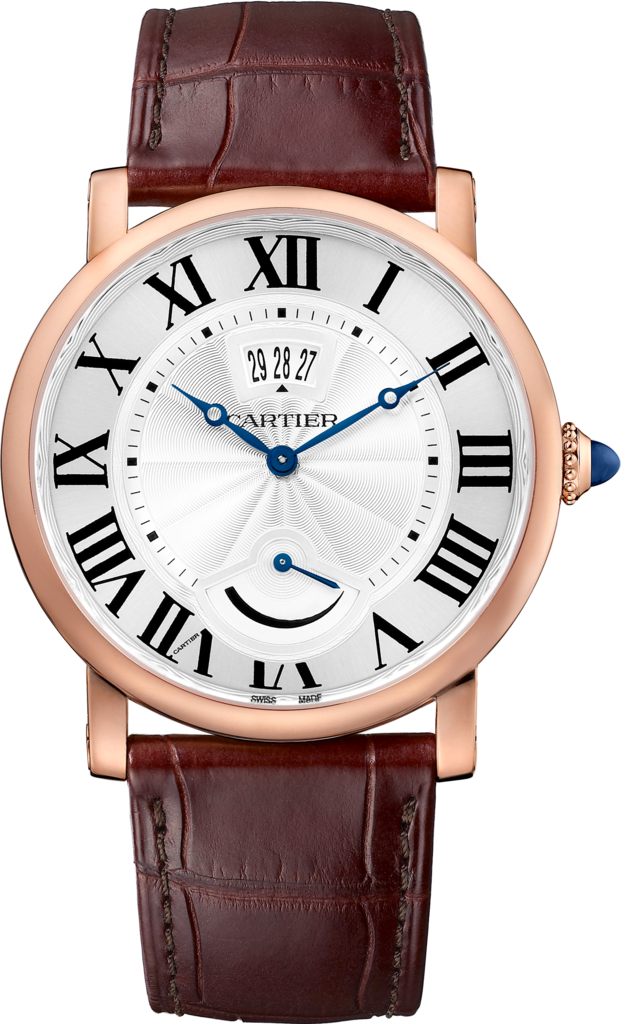 Reloj Rotonde de Cartier Apertura de calendario y reserva de marcha40 mm, movimiento mecánico de cuerda manual, oro rosa, piel