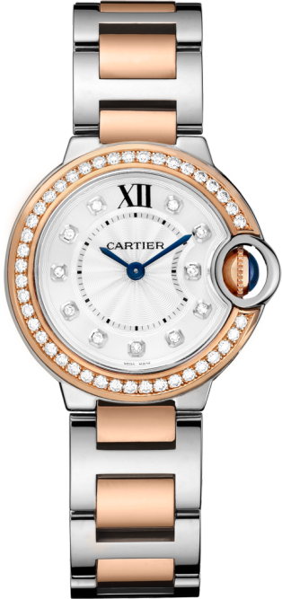 Reloj Ballon Bleu de Cartier 28 mm, movimiento de cuarzo, oro rosa, acero, diamantes