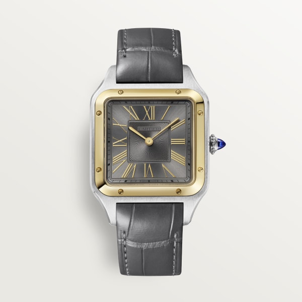 Reloj Santos-Dumont Tamaño grande, movimiento de cuarzo, oro amarillo, acero, piel