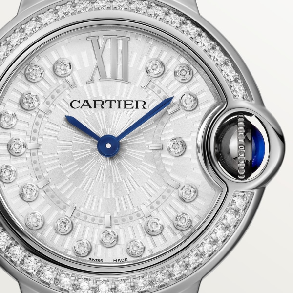 Ballon Bleu de Cartier watch 28 mm, quartz movement, steel, diamonds