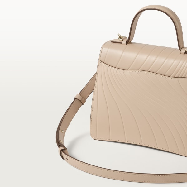 Small model handle bag, Panthère de Cartier Light beige calfskin, embossed Cartier signature motif, golden finish