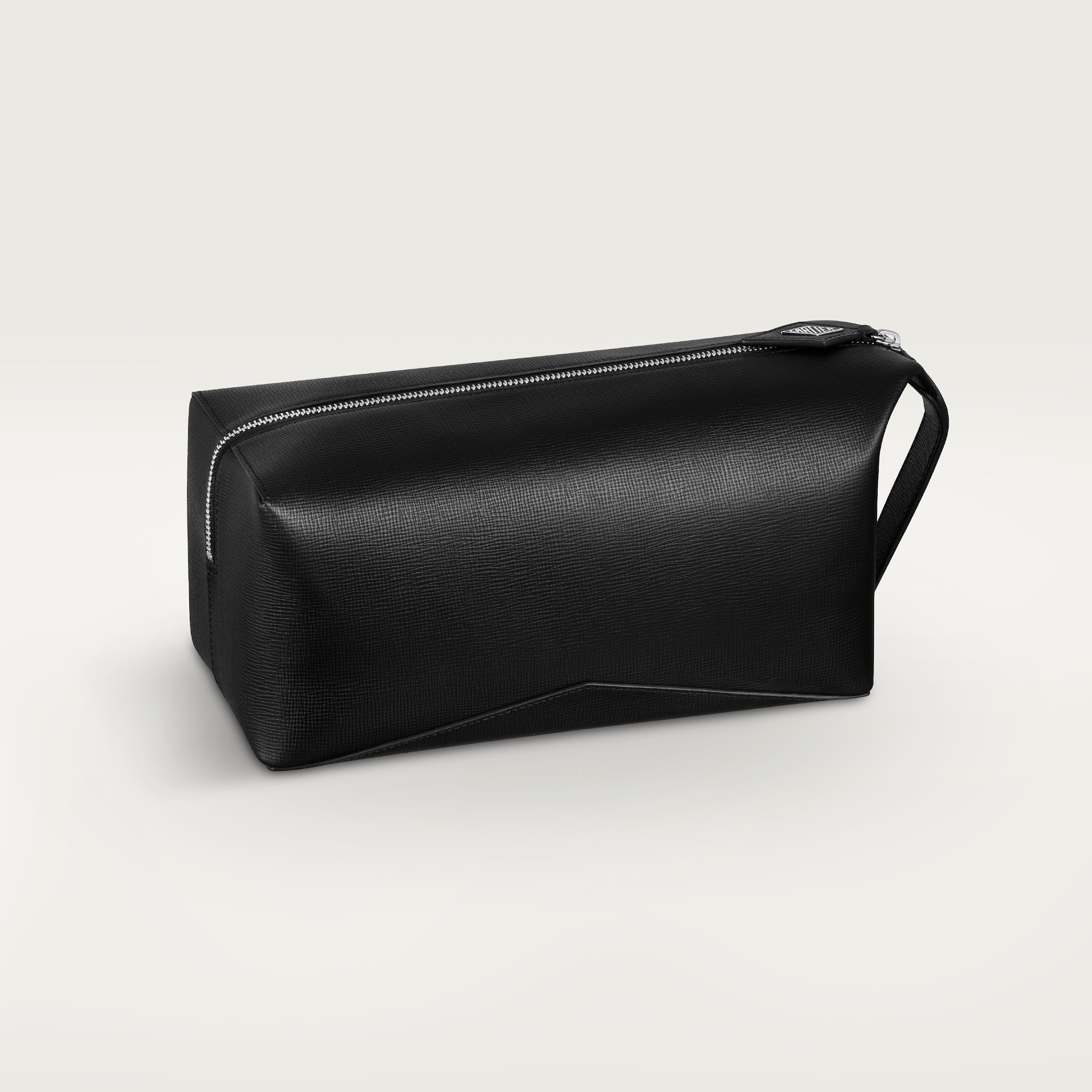 Toiletry bag, Cartier LosangeGrained black calfskin, palladium finish and enamel