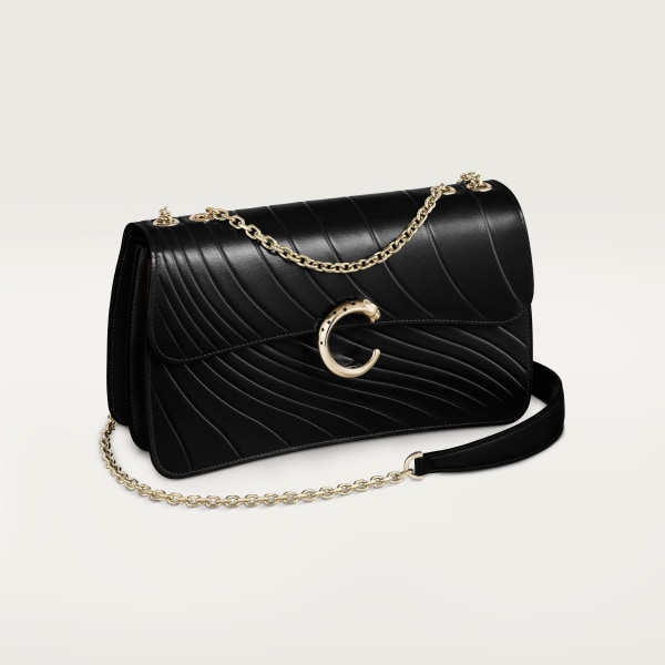 Chain bag small model, Panthère de Cartier Black calfskin, embossed Cartier signature motif, golden finish