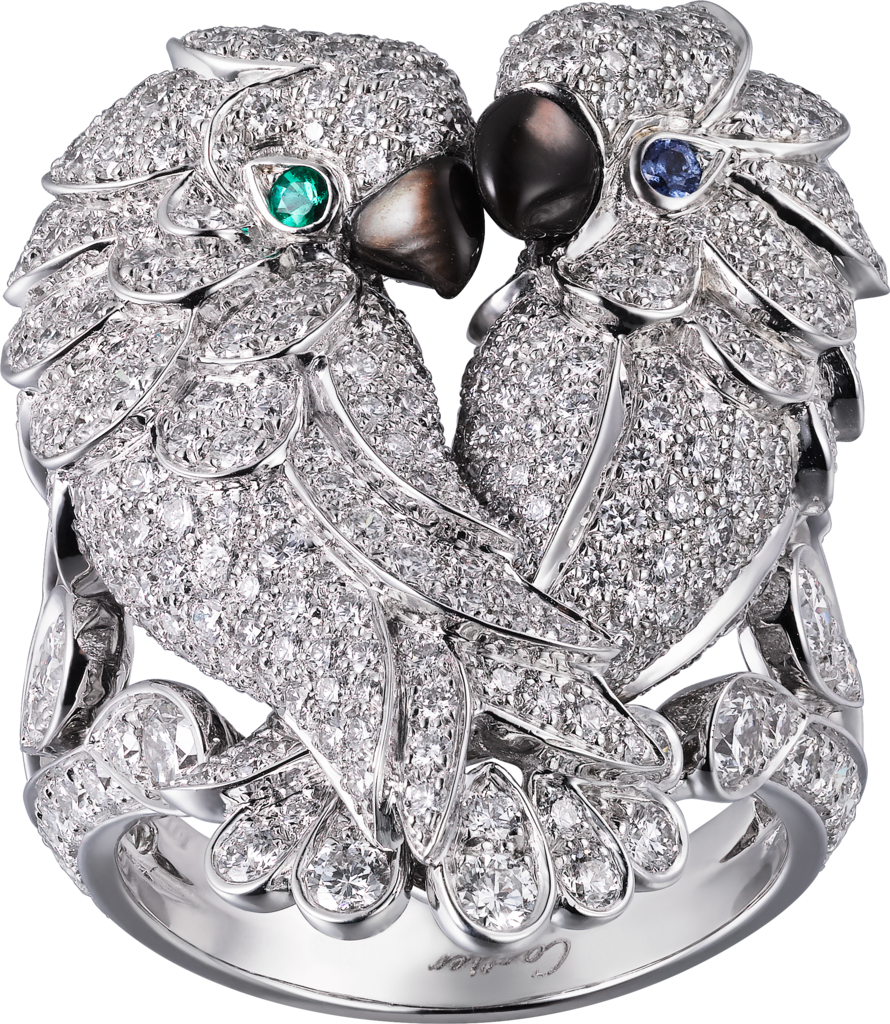 Les Oiseaux Libérés ringWhite gold, sapphires, emeralds, mother-of-pearl, diamonds
