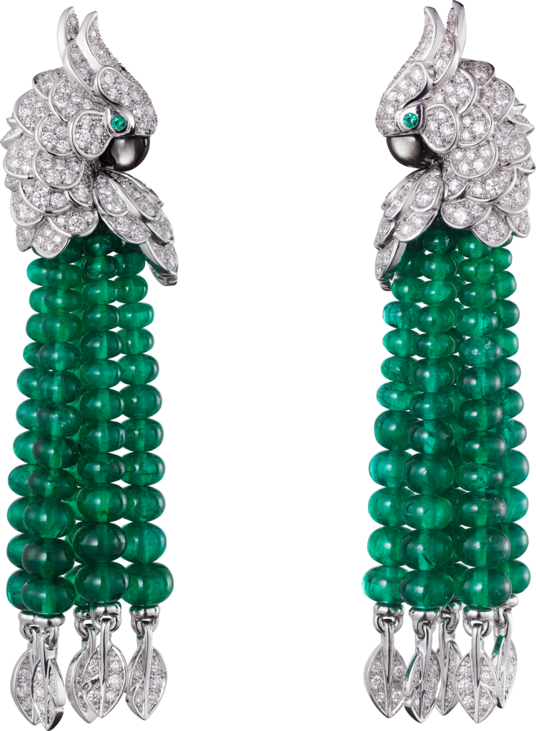 Les Oiseaux Libérés earringsWhite gold, emeralds, mother-of-pearl, diamonds