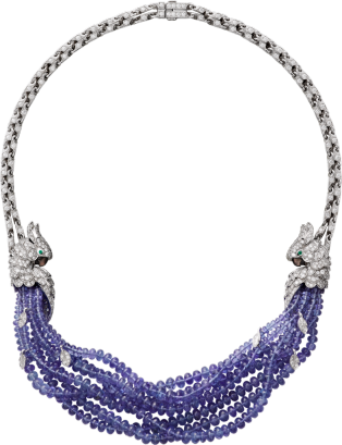 Les Oiseaux Libérés necklace White gold, emeralds, tanzanites, mother-of-pearl, diamonds