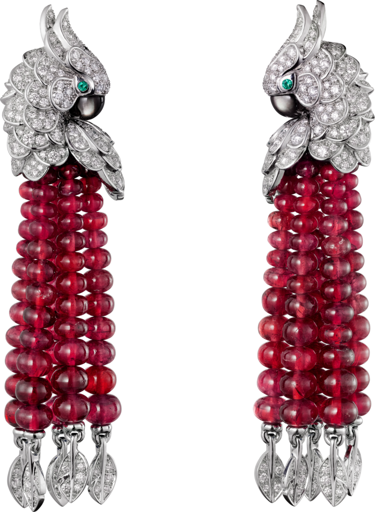 Les Oiseaux Libérés earringsWhite gold, rubies, emeralds, mother-of-pearl, diamonds