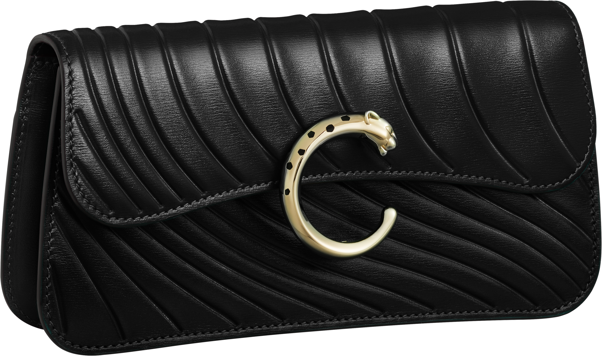 Bolso de cadena tamaño mini, Panthère de CartierPiel de becerro negra, grabado con el motivo distintivo de Cartier, acabado dorado