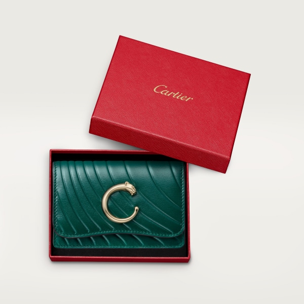 Tarjetero para tarjetas de visita con cremallera, Panthère de Cartier Piel de becerro verde esmeralda, grabado con el motivo distintivo de Cartier, acabado dorado