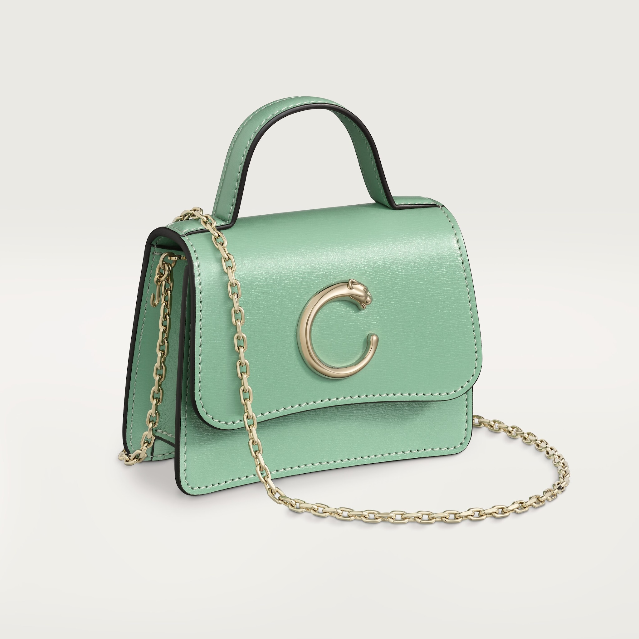 Chain bag micro model, Panthère de CartierSage green calfskin, golden finish