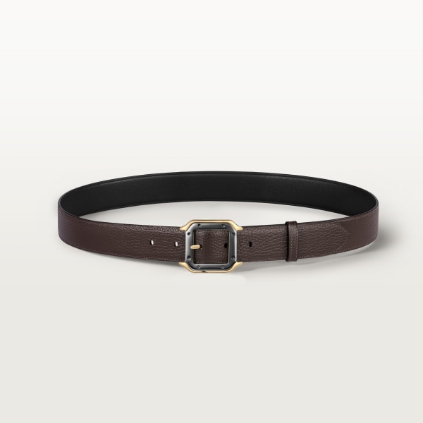 Belt, Santos de Cartier Black and brown grained cowhide, golden-finish and palladium-finish buckle