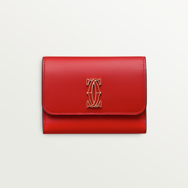 C de Cartier Small Leather Goods, Wallet Cherry red calfskin, golden finish and cherry red enamel
