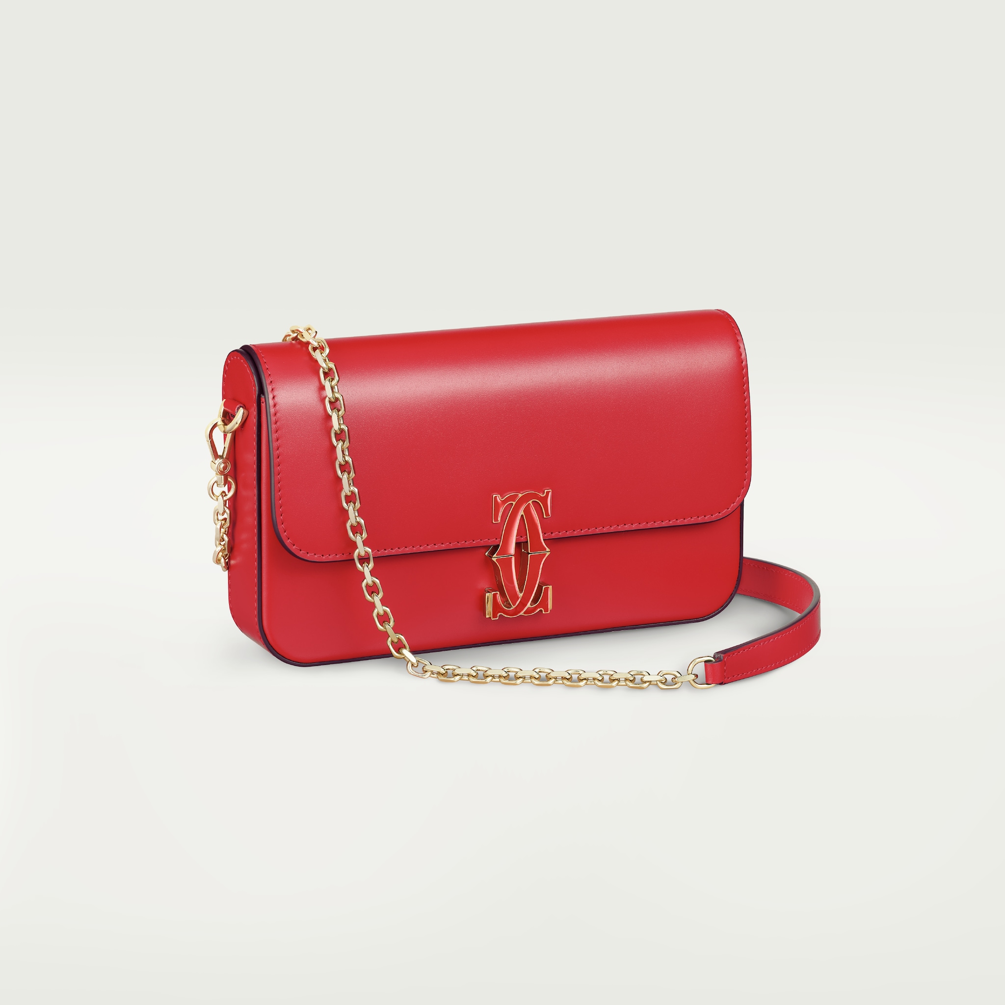 Mini model chain bag, C de CartierRed calfskin, golden finish and red enamel