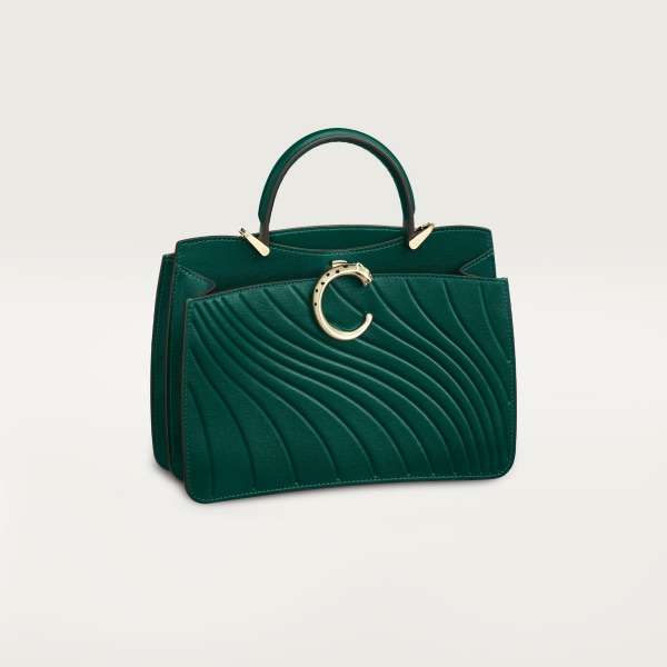 Handle bag mini model, Panthère de Cartier Emerald green calfskin, embossed Cartier signature motif, golden finish