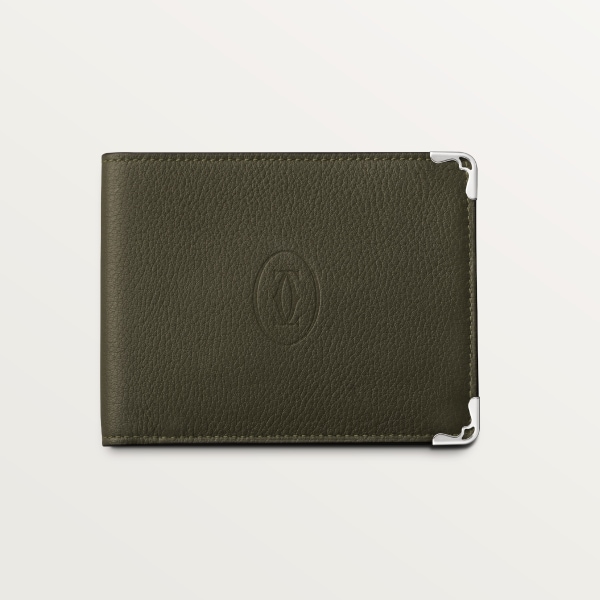 Six-card compact wallet, Must de Cartier Khaki calfskin, palladium finish