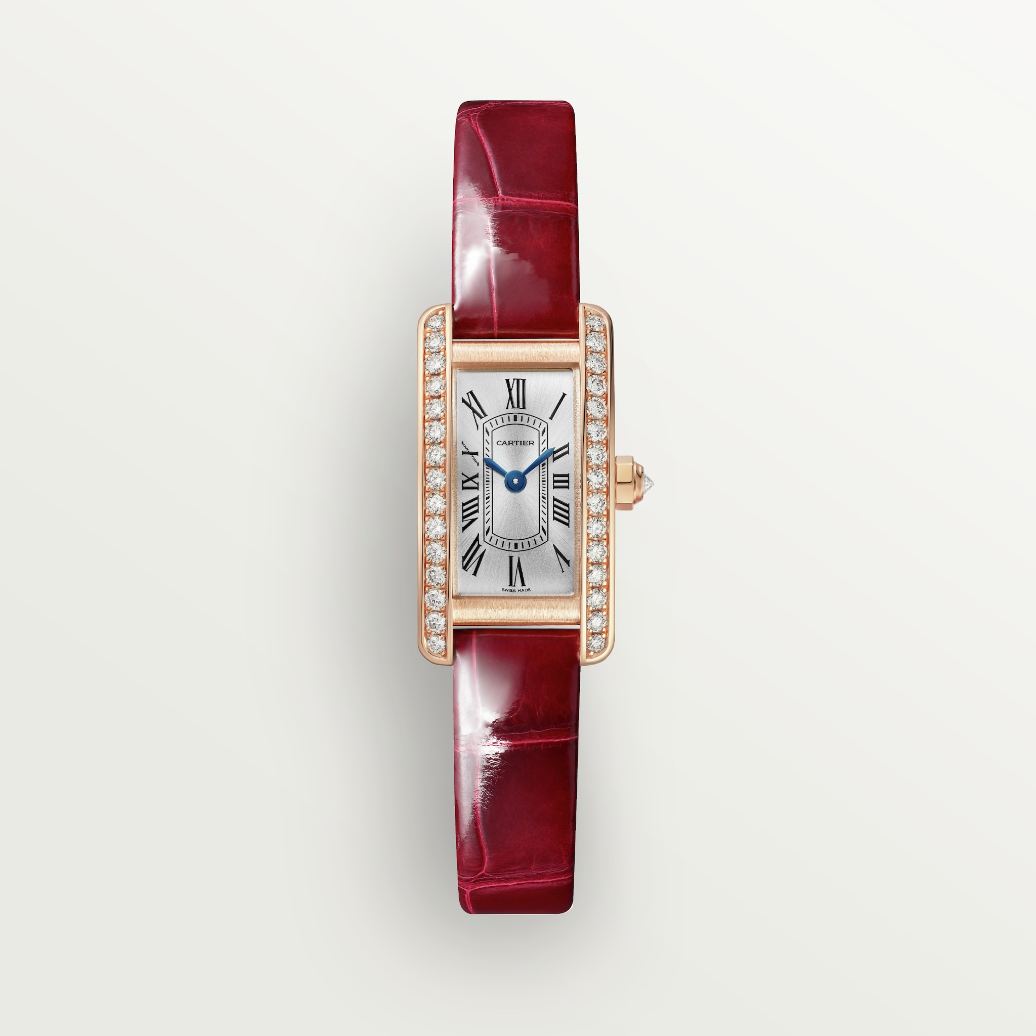 Tank Américaine watchMini model, quartz movement, rose gold, diamonds, leather