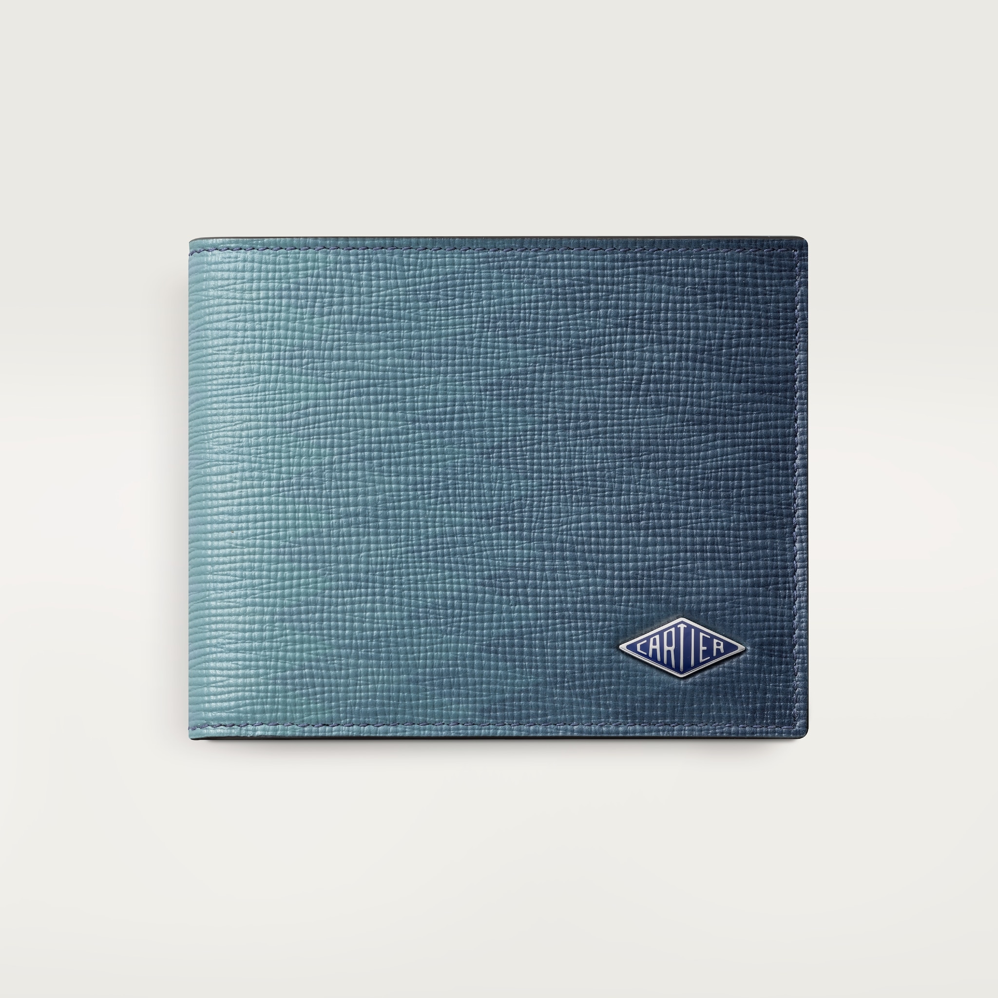 Six-credit card compact wallet, Cartier LosangeSteel grey calfskin with prismatic print, palladium-plated finish and deep blue enamel