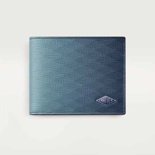 Six-credit card compact wallet, Cartier Losange Steel grey calfskin with prismatic print, palladium-plated finish and deep blue enamel