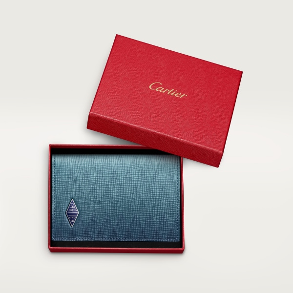 Four-credit card holder, Cartier Losange Steel grey calfskin with prismatic print, palladium-plated finish and deep blue enamel
